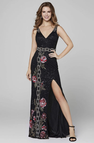 Primavera Couture - 3453 Sleeveless Floral Pattern Sequin Sheath Dress Prom Dresses 0 / Black
