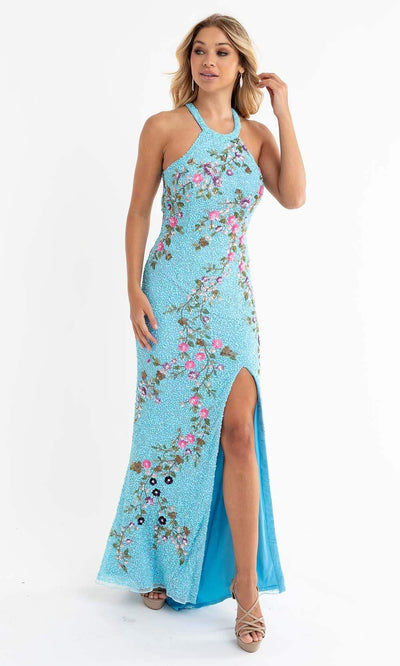 Primavera Couture - 3726 Halter Neckline Floral Sequin Gown Special Occasion Dress 00 / Light Blue