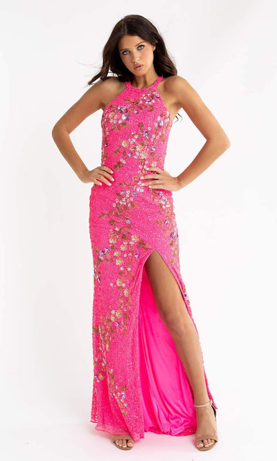 Primavera Couture - 3726 Halter Neckline Floral Sequin Gown Special Occasion Dress 00 / Neon Pink