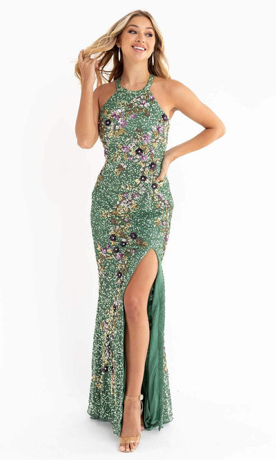 Primavera Couture - 3726 Halter Neckline Floral Sequin Gown Special Occasion Dress 00 / Sage Green