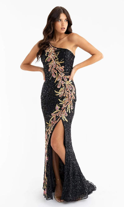 Primavera Couture - 3753 Trailing Petals Fully Sequined One Shoulder Long Gown Special Occasion Dress 00 / Black Multi