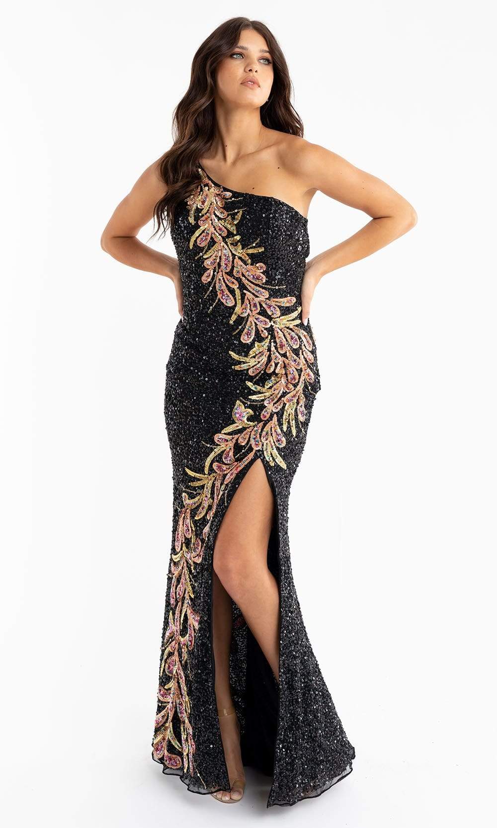 Primavera Couture - 3753 Trailing Petals Fully Sequined One Shoulder Long Gown Special Occasion Dress