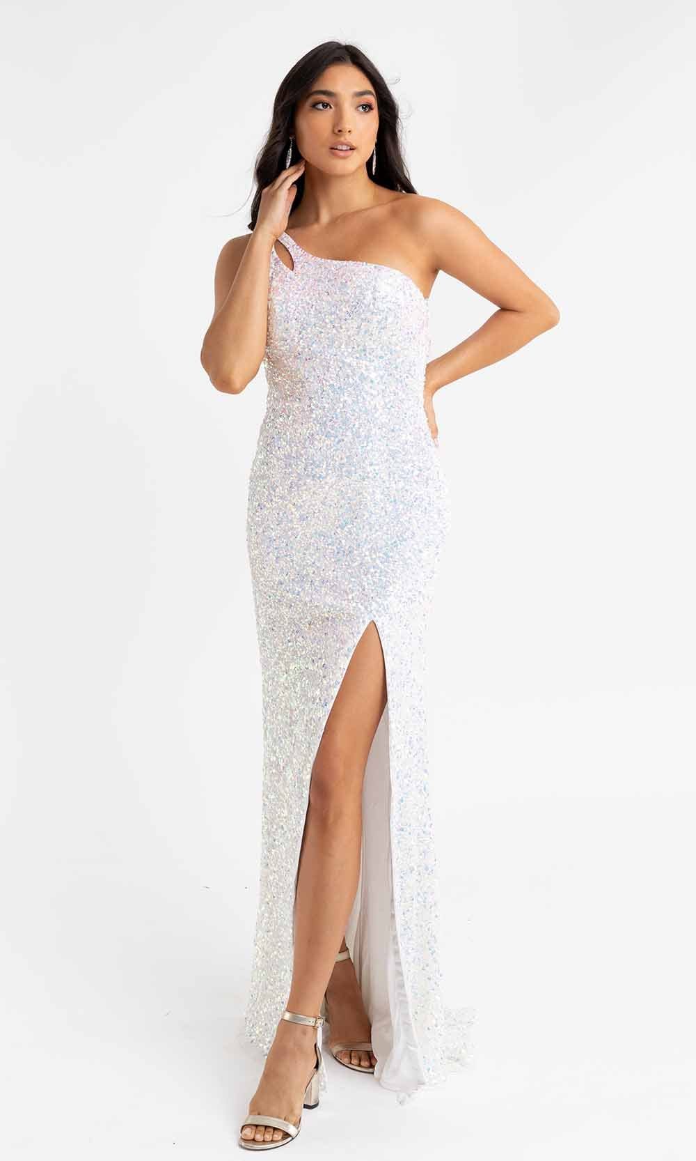 Primavera Couture - 3761 Asymmetrical Sequin Double Strap Dress In White