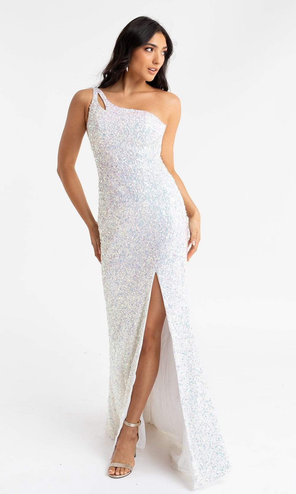 Primavera Couture - 3761 Asymmetrical Sequin Double Strap Dress In White