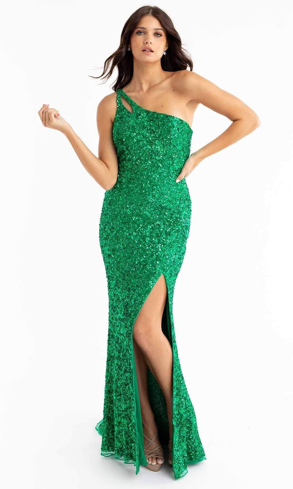 Primavera Couture - 3761 Asymmetrical Sequin Double Strap Dress In Green