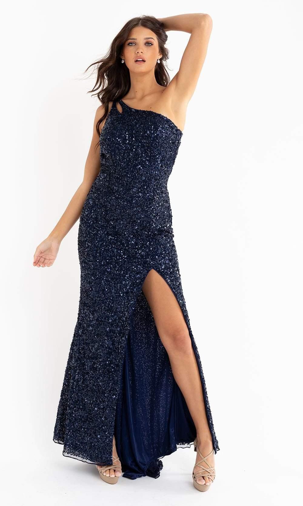 Primavera Couture - 3761 Asymmetrical Sequin Double Strap Dress In Blue