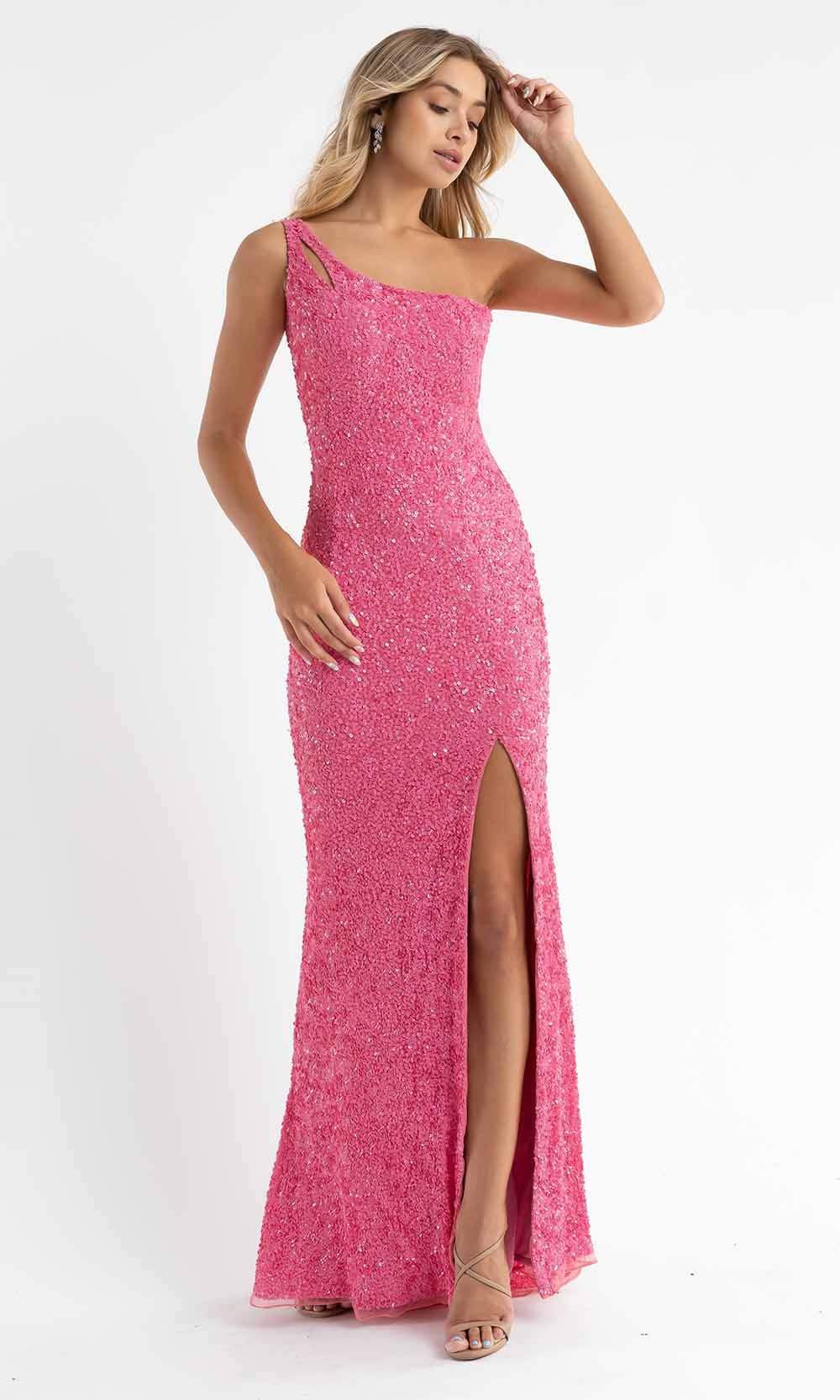 Primavera Couture - 3761 Asymmetrical Sequin Double Strap Dress In Pink