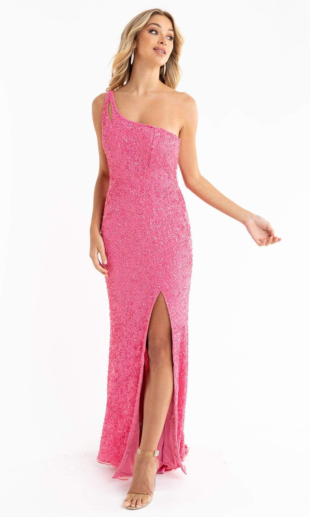 Primavera Couture - 3761 Asymmetrical Sequin Double Strap Dress In Pink