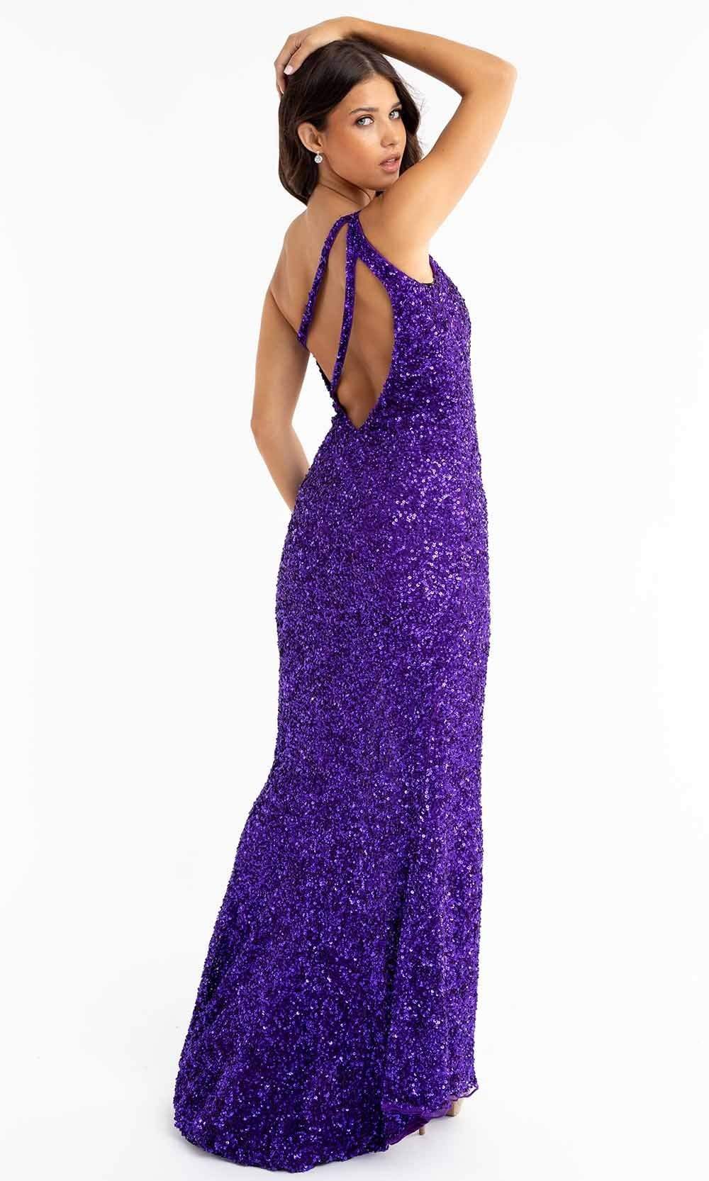 Primavera Couture - 3761 Asymmetrical Sequin Double Strap Dress In Purple