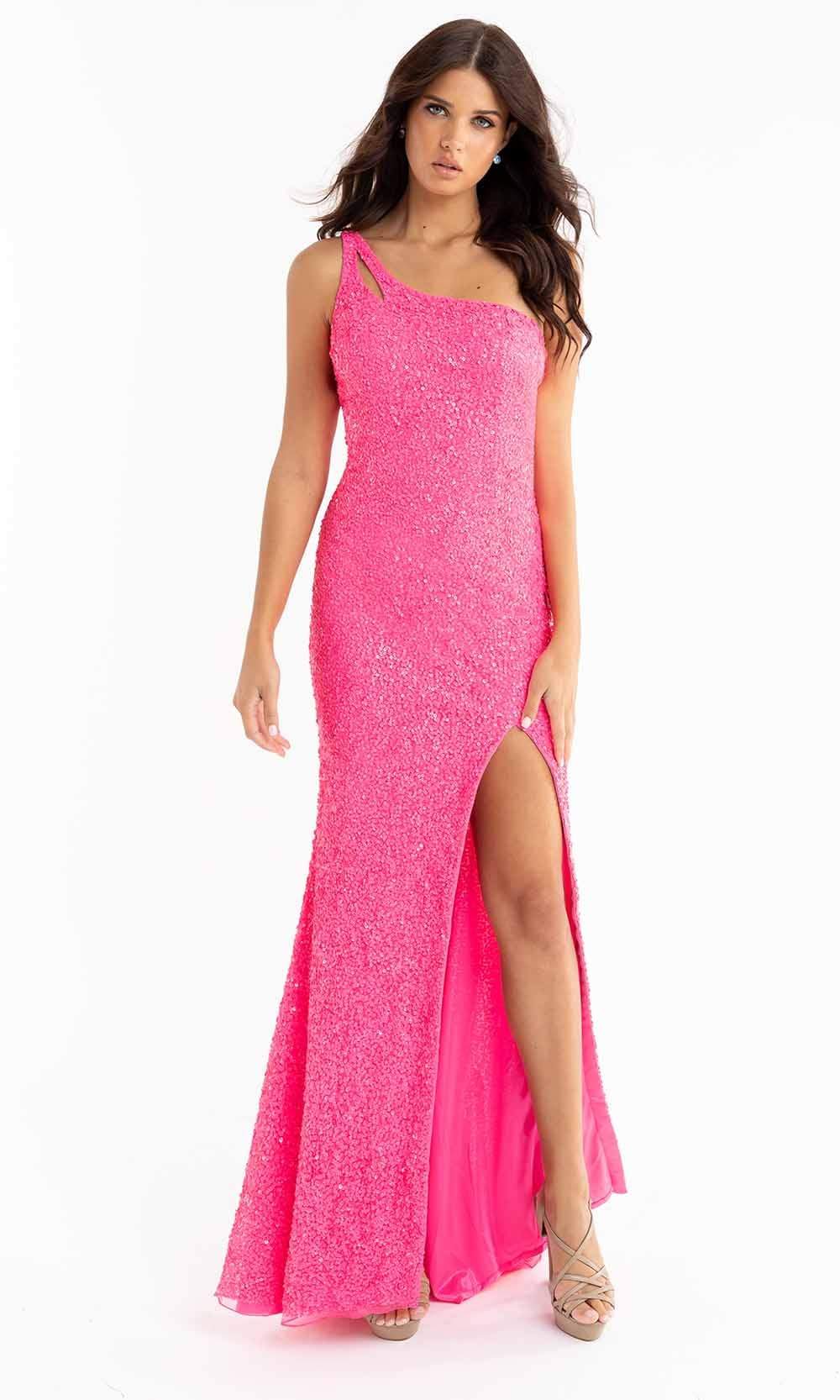 Primavera Couture - 3761 Asymmetrical Sequin Double Strap Dress In Pink