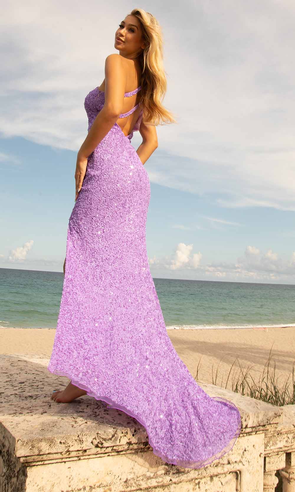 Primavera Couture - 3761 Asymmetrical Sequin Double Strap Dress In Purple