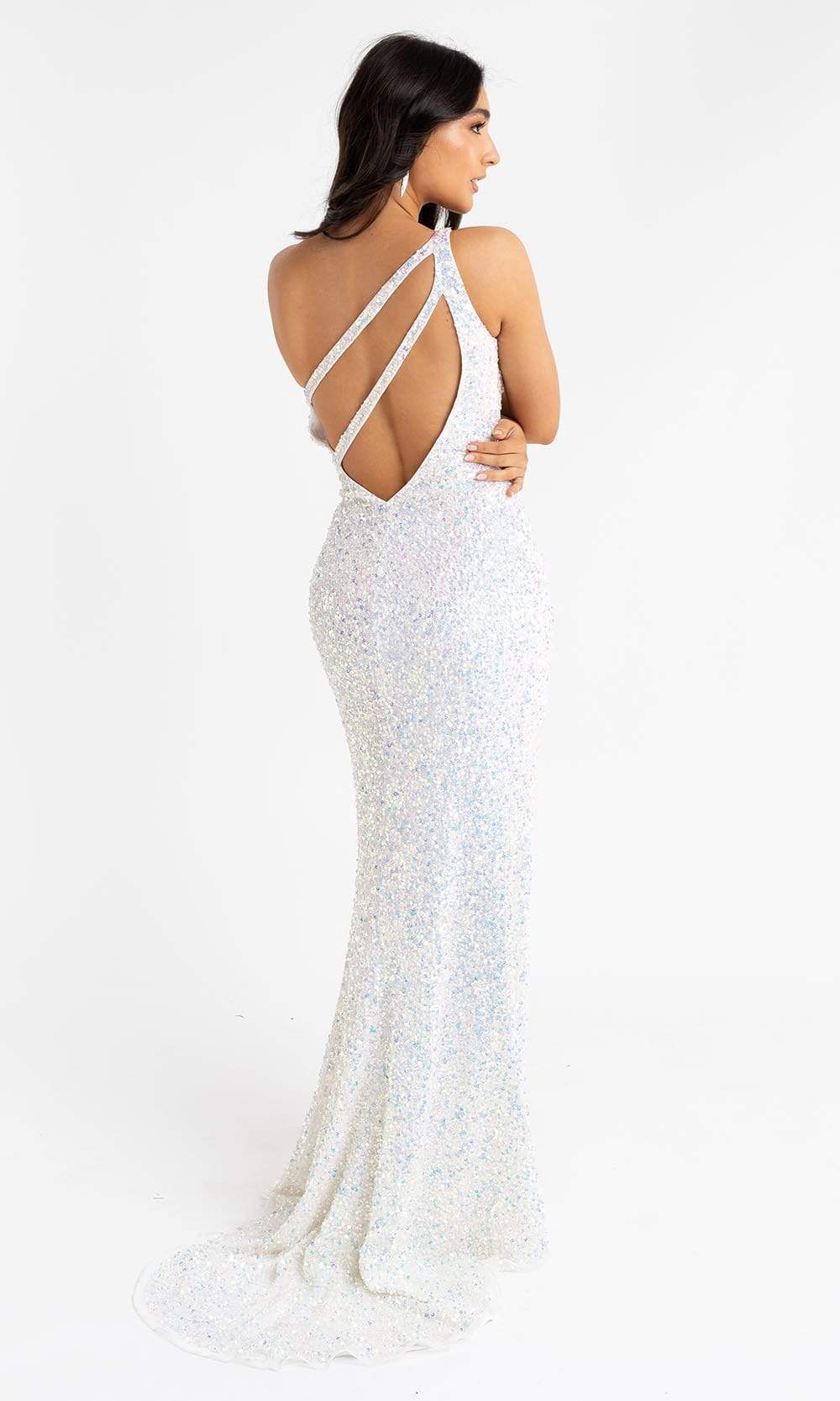 Primavera Couture - 3761 Asymmetrical Sequin Double Strap Dress In White