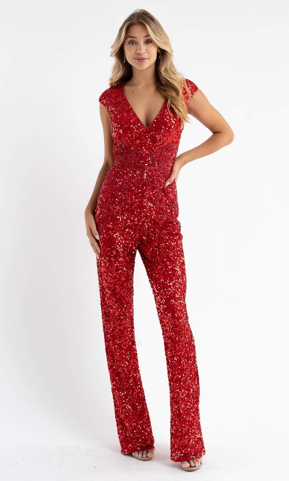 Primavera Couture - 3775 Cap Sleeve Sequin Jumpsuit Special Occasion Dress