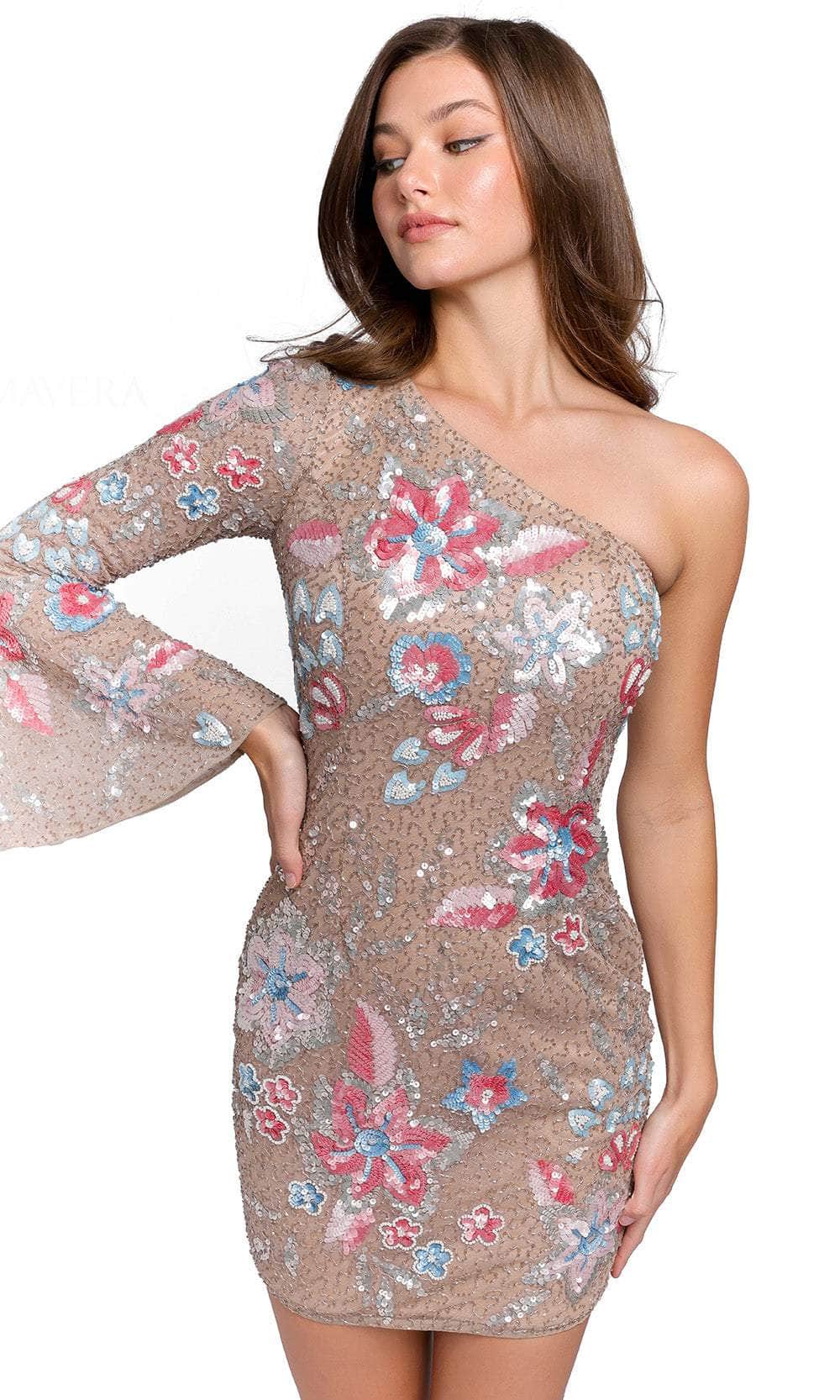 Primavera Couture 3810 - One Bell Sleeve Asymmetrical Short Dress Special Occasion Dress 00 / Nude Multi