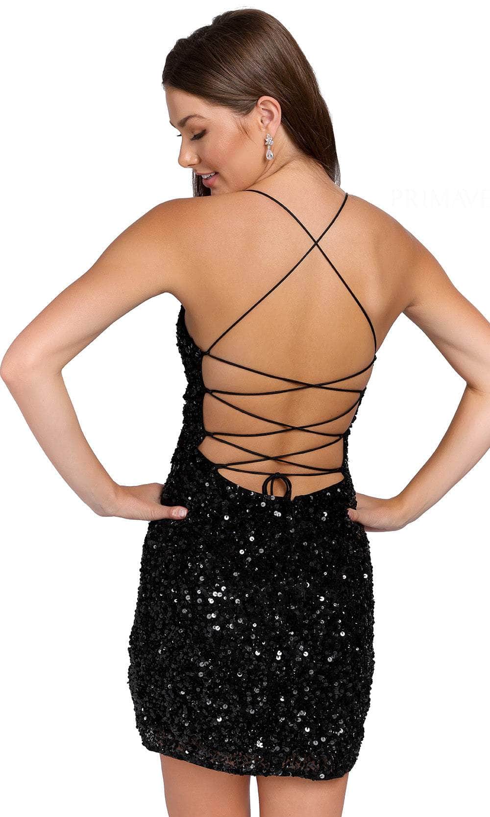 Primavera Couture 3891 - Deep V-Neck Side Slit Cocktail Dress In Black