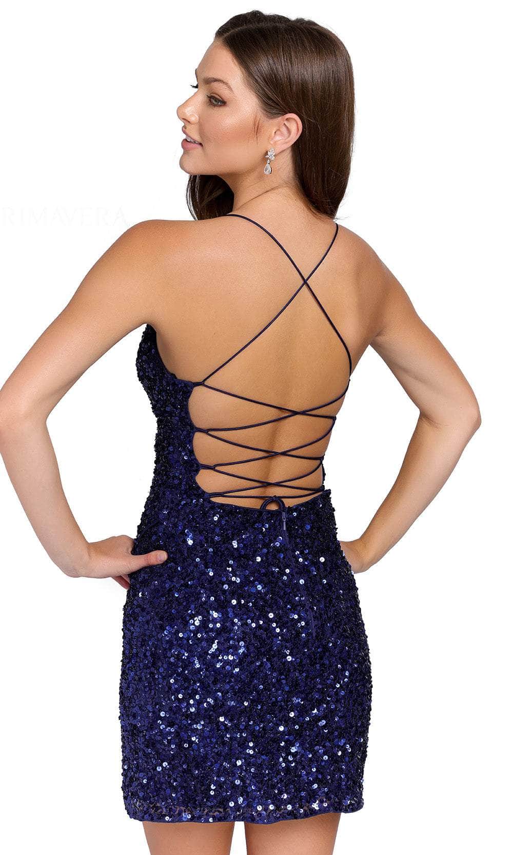 Primavera Couture 3891 - Deep V-Neck Side Slit Cocktail Dress In Blue