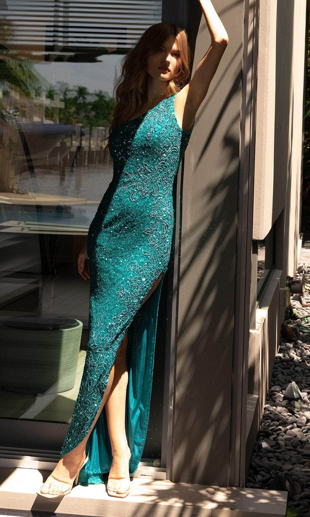 Primavera Couture 4139 - Distinct Slit Sequin Prom Dress Special Occasion Dress