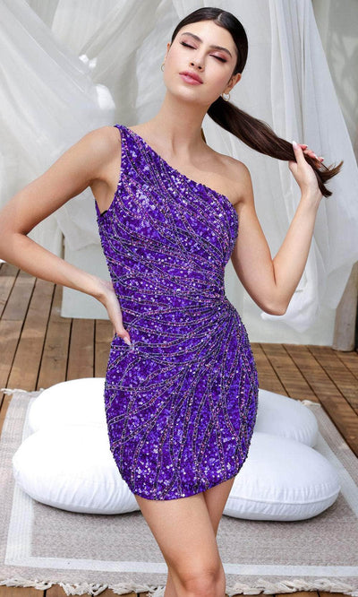 Primavera Couture 4221 - Sheath Asymmetrical Cocktail Dress Special Occasion Dresses 00 /  Purple