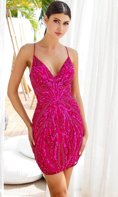 Primavera Couture 4250 - Sleeveless V-Neck Cocktail Dress Special Occasion Dresses 00 /  Fuchsia