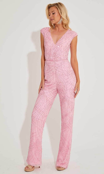 Primavera Couture 4275 - Cap Sleeve Beaded Jumpsuit Special Occasion Dresses 00 /  Pink