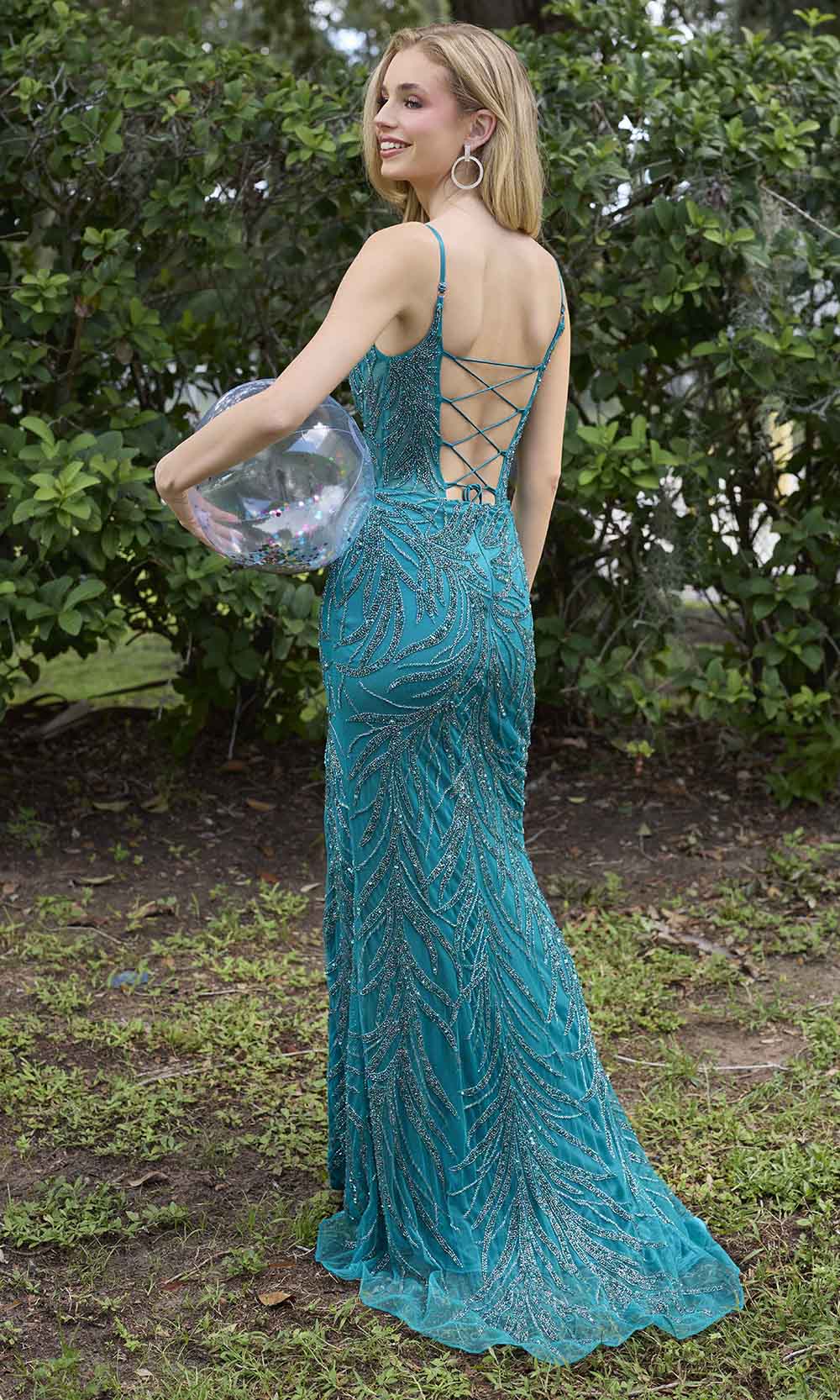 Primavera Couture 4310 - Long Sheath Dress - Spaghetti Straps, Foliage Like Pattern in Beads, Open Back with Lace Up Accent, High Slit, Sweep Train ADASA Primavera Couture 4310 - Long Sheath Dress - Spaghetti Straps, Foliage Like Pattern in Beads, Open Back with Lace Up Accent, High Slit, Sweep Train ADASA