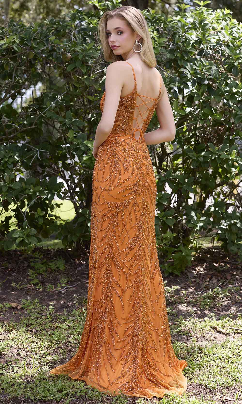 Primavera Couture 4310 - Long Sheath Dress - Spaghetti Straps, Foliage Like Pattern in Beads, Open Back with Lace Up Accent, High Slit, Sweep Train ADASA Primavera Couture 4310 - Long Sheath Dress - Spaghetti Straps, Foliage Like Pattern in Beads, Open Back with Lace Up Accent, High Slit, Sweep Train ADASA