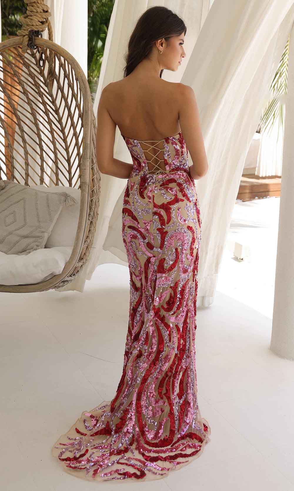 Primavera Couture 4373 - Patterned Sequin Lace-Up Prom Dress Evening Dresses