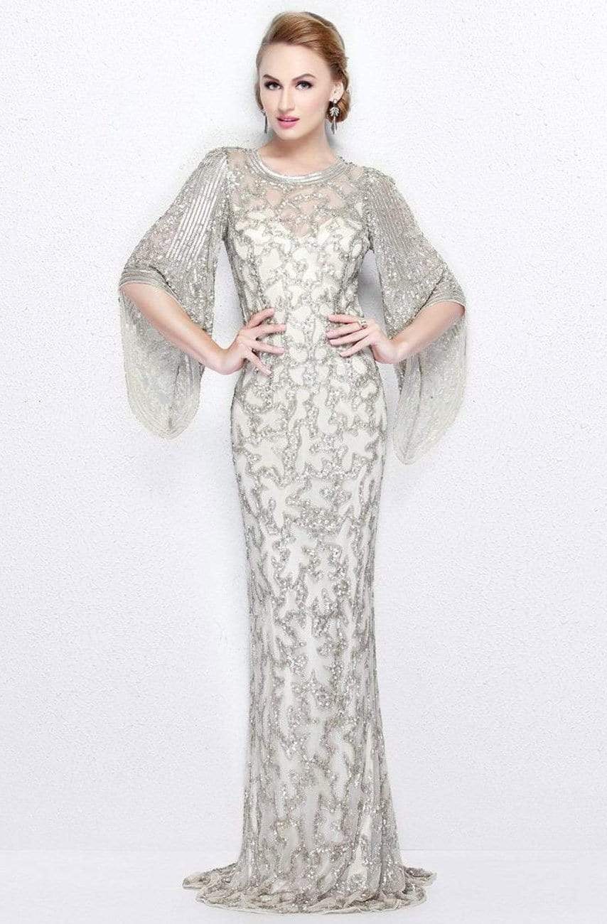 Primavera Couture - 9713 Sequined Flare Sleeve Illusion Sheath Gown Mother of the Bride Dresses 0 / Champagne