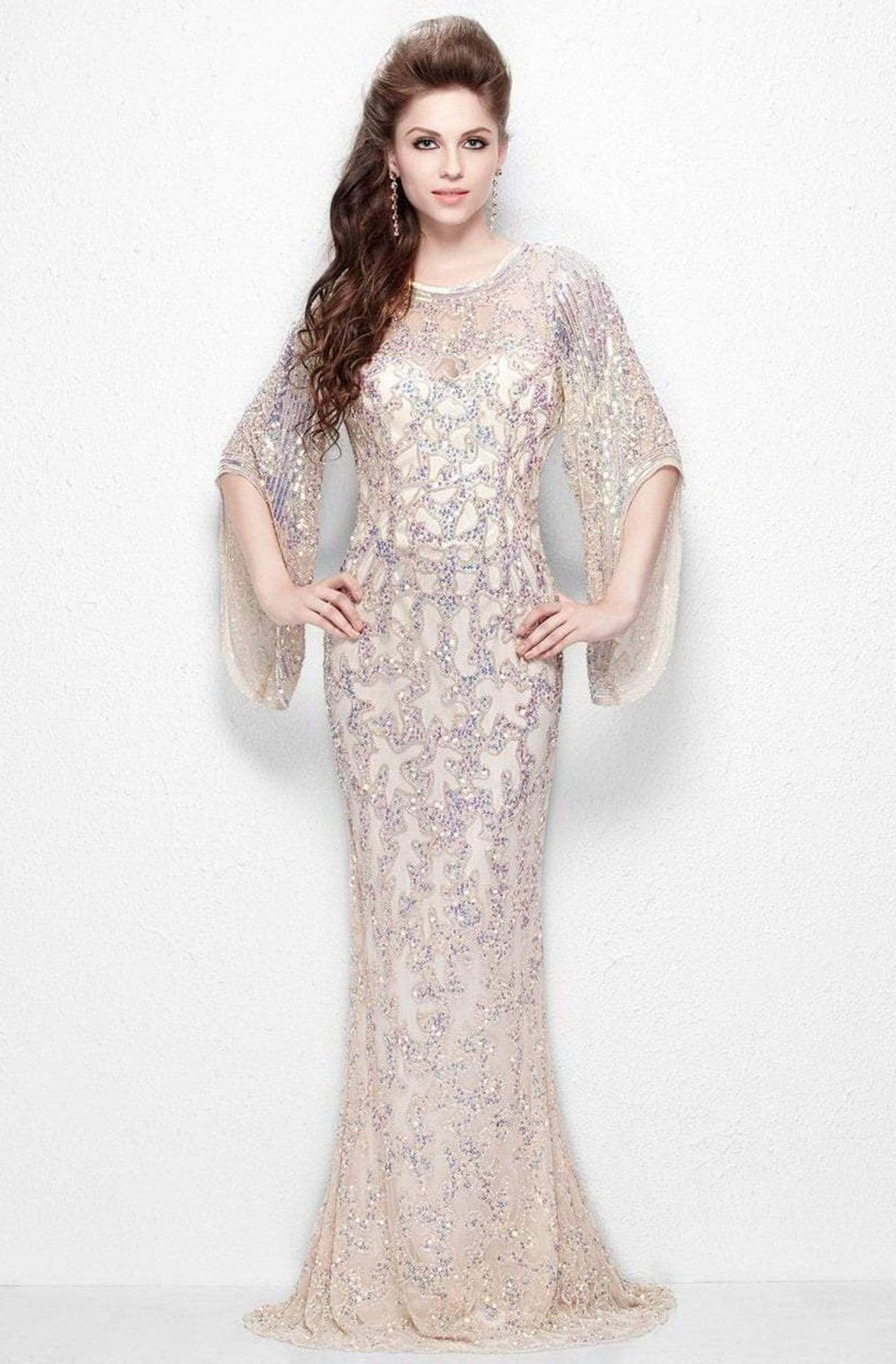 Primavera Couture - 9713 Sequined Flare Sleeve Illusion Sheath Gown Mother of the Bride Dresses 0 / Nude