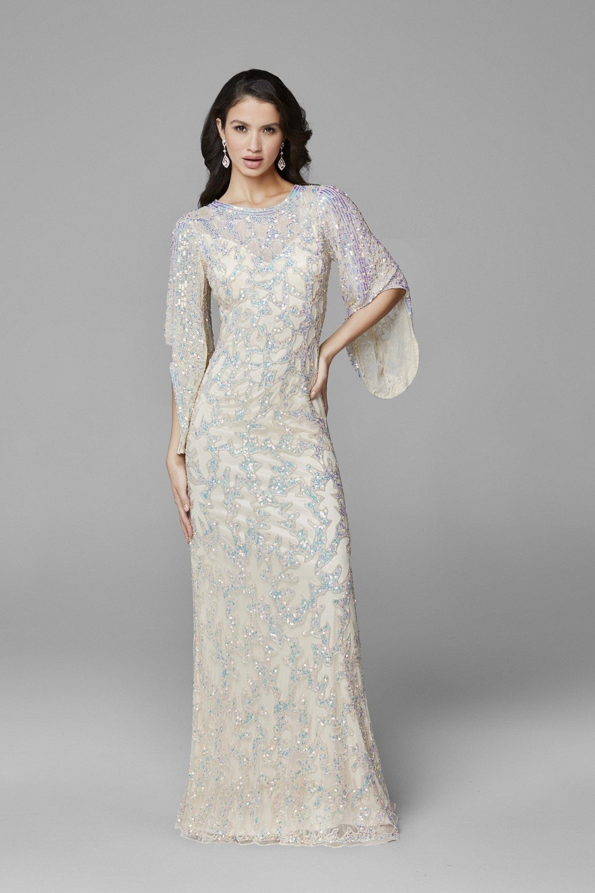 Primavera Couture - 9713 Sequined Flare Sleeve Illusion Sheath Gown Mother of the Bride Dresses 0 / Nude