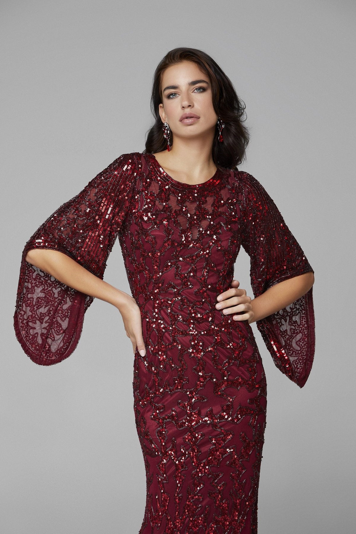 Primavera Couture - 9713 Sequined Flare Sleeve Illusion Sheath Gown Mother of the Bride Dresses