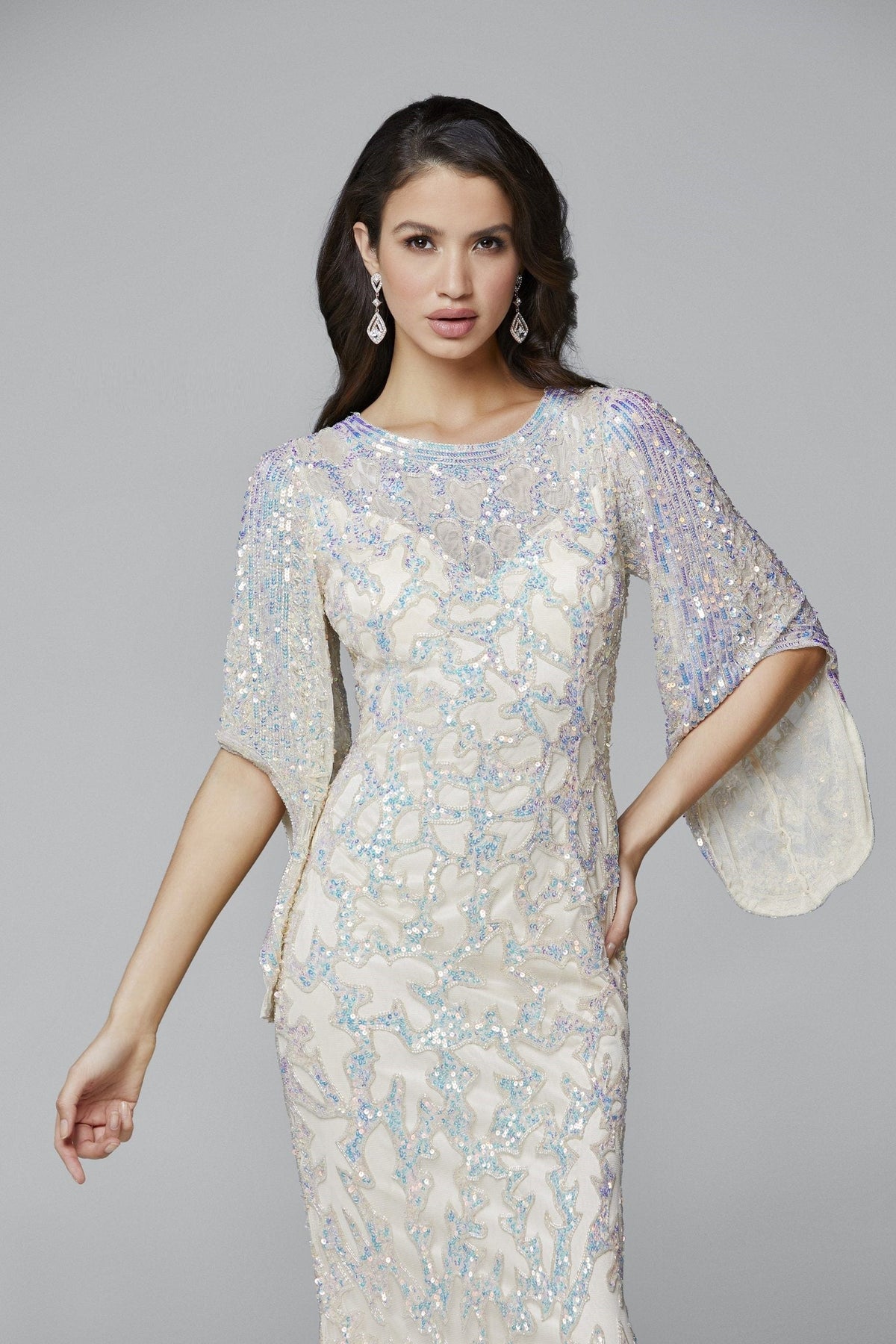 Primavera Couture - 9713 Sequined Flare Sleeve Illusion Sheath Gown Mother of the Bride Dresses