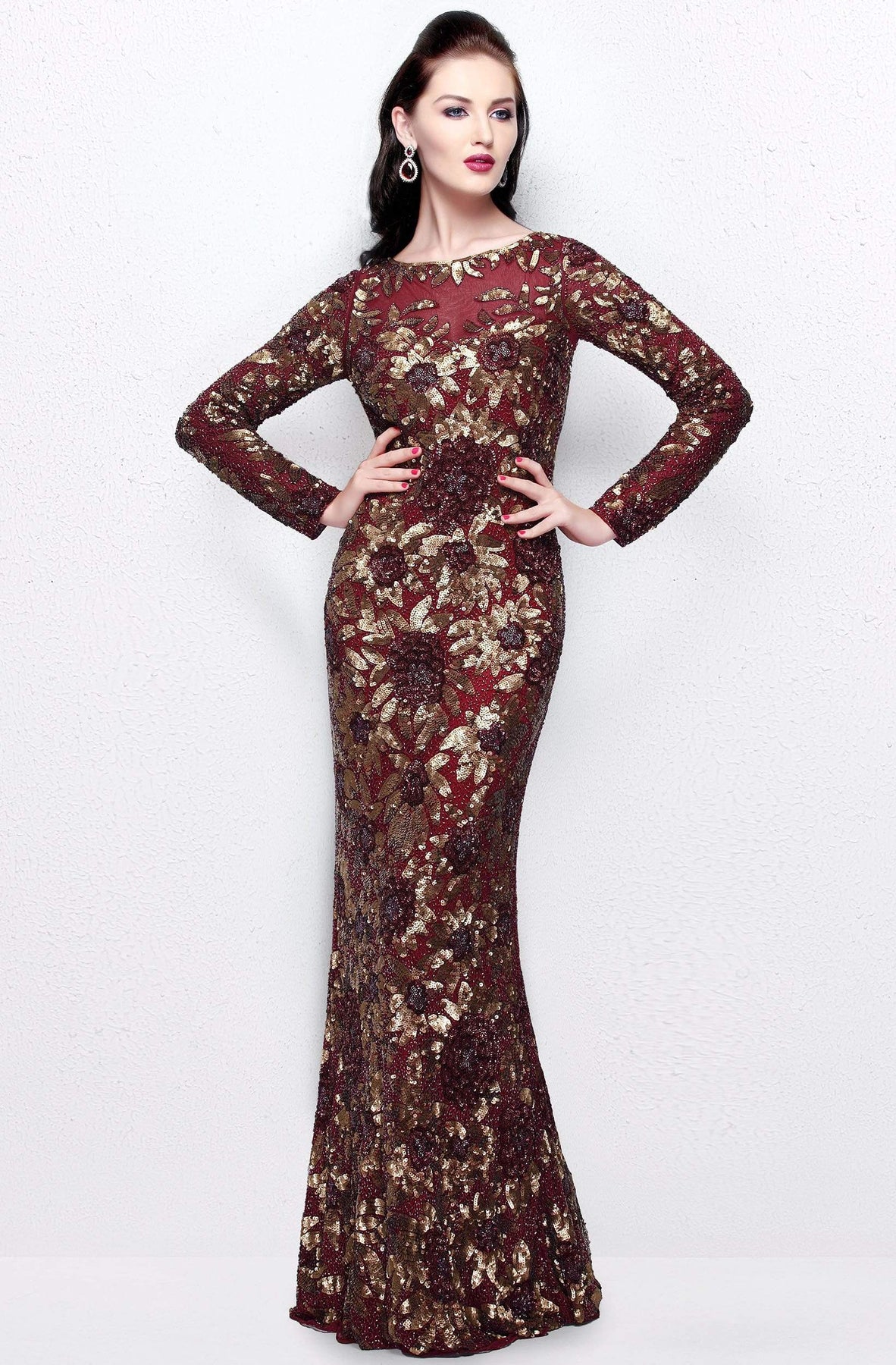 Primavera Couture - Long Sleeve Luxurious Floral Sequined Long Sheath Gown  1401 Mother of the Bride Dresses 0 / Burgundy