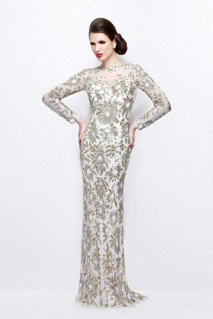Primavera Couture - Long Sleeve Luxurious Floral Sequined Long Sheath Gown  1401 Mother of the Bride Dresses 0 / Ivory