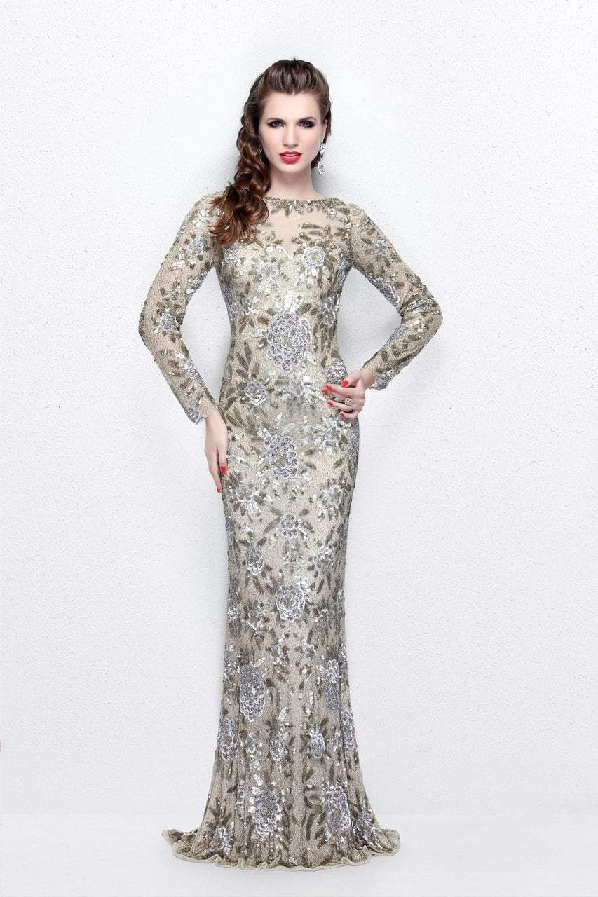 Primavera Couture - Long Sleeve Luxurious Floral Sequined Long Sheath Gown  1401 Mother of the Bride Dresses 0 / Nude