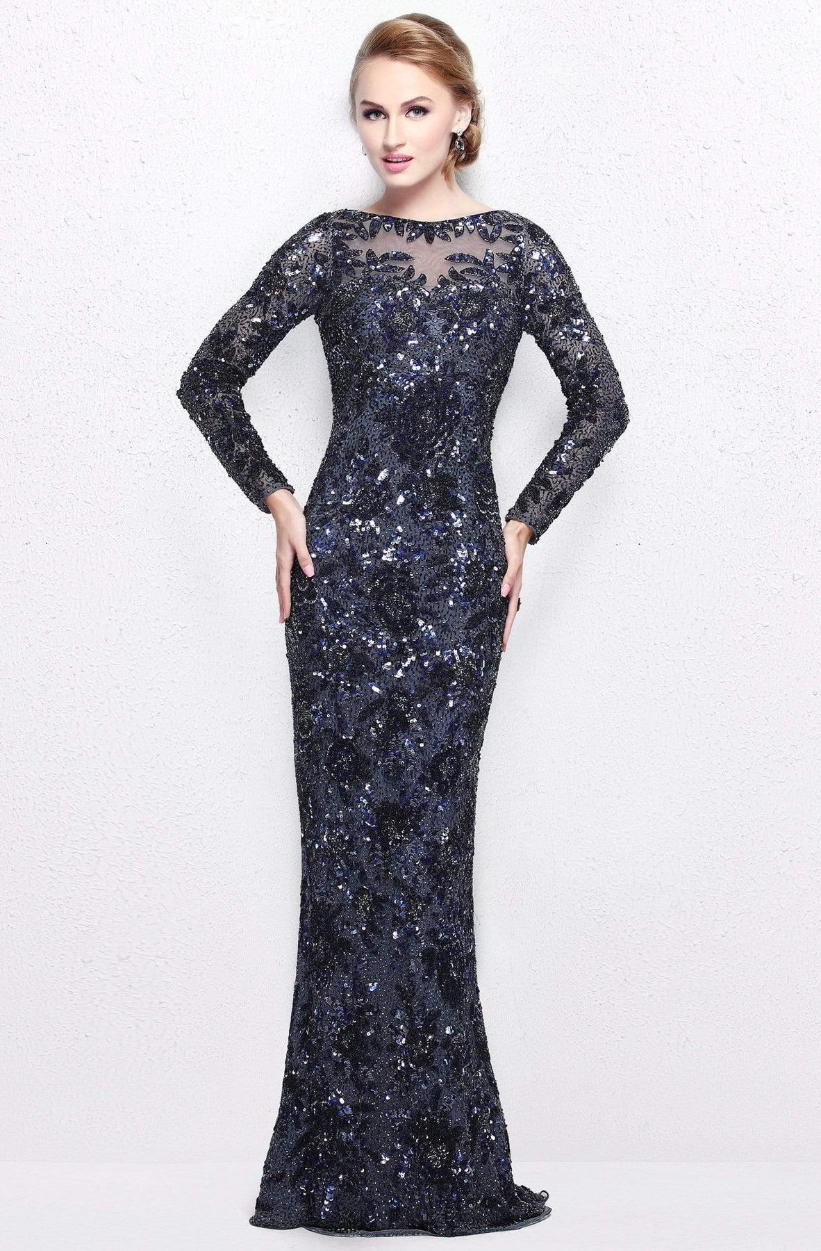 Primavera Couture - Long Sleeve Luxurious Floral Sequined Long Sheath Gown  1401 Mother of the Bride Dresses 00 / Gunmetal Midnight
