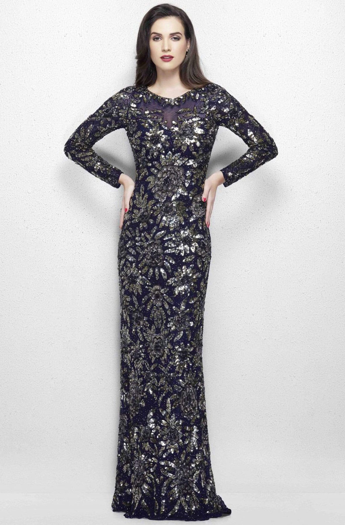 Primavera Couture - Long Sleeve Luxurious Floral Sequined Long Sheath Gown  1401 Mother of the Bride Dresses