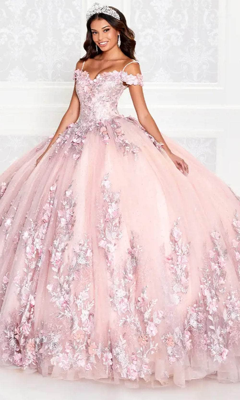 Princesa by Ariana Vara PR12263 - Off-Shoulder Tulle Ball Gown Quinceanera Dresses / 00  Dust.Rose/Multi