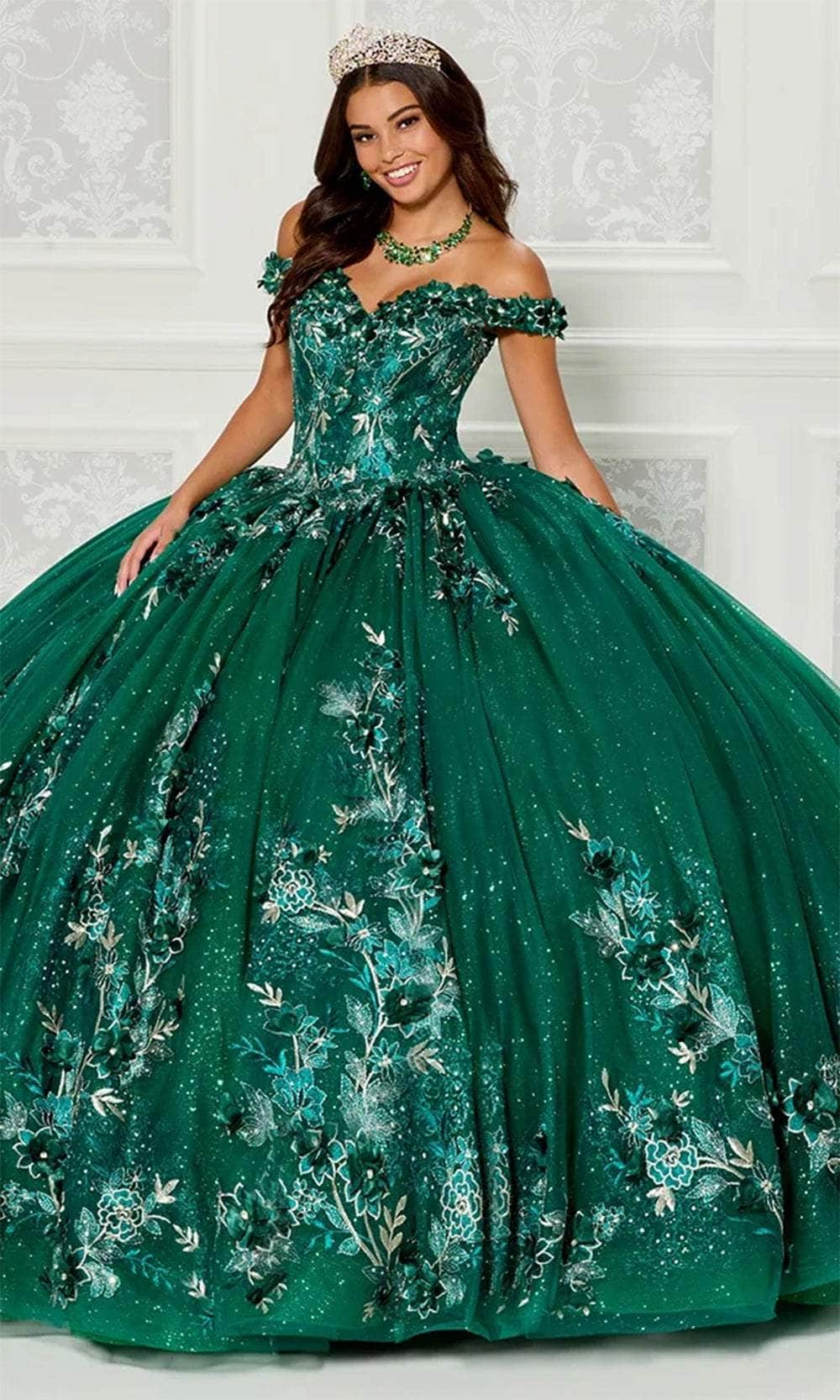 Princesa by Ariana Vara PR12263 - Off-Shoulder Tulle Ball Gown Quinceanera Dresses / 00  Emerald