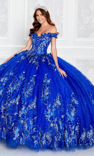 Princesa by Ariana Vara PR12263 - Off-Shoulder Tulle Ball Gown Quinceanera Dresses / 00  Royal/Silver