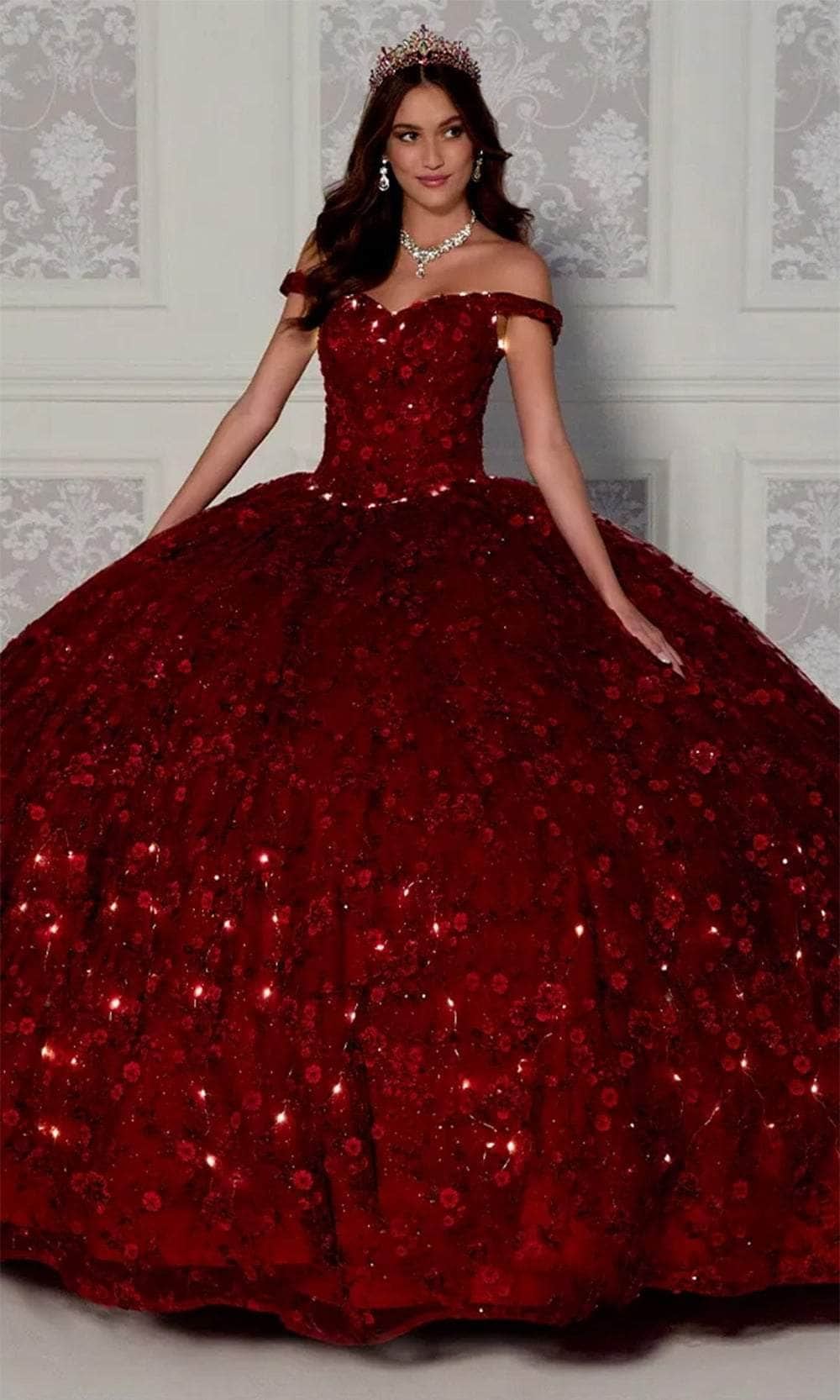 Princesa by Ariana Vara PR12266 - Off-Shoulder Quinceañera Ball Gown Quinceanera Dresses / 00  Dark Red