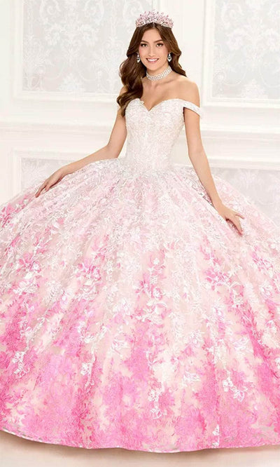 Princesa by Ariana Vara PR12275 - V-Neck Quinceañera Ball Gown Special Occasion Dress / 00  Ivory/Hot Pk