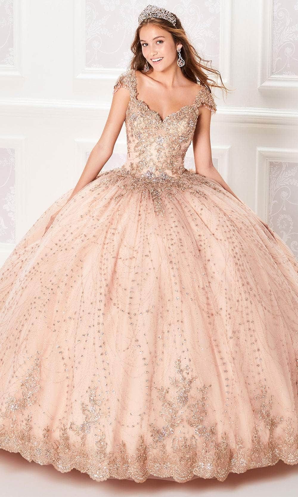 Princesa by Ariana Vara PR21964 - Cap Sleeve Embellished Ball Gown Quinceanera Dresses / 00  Rose Gold