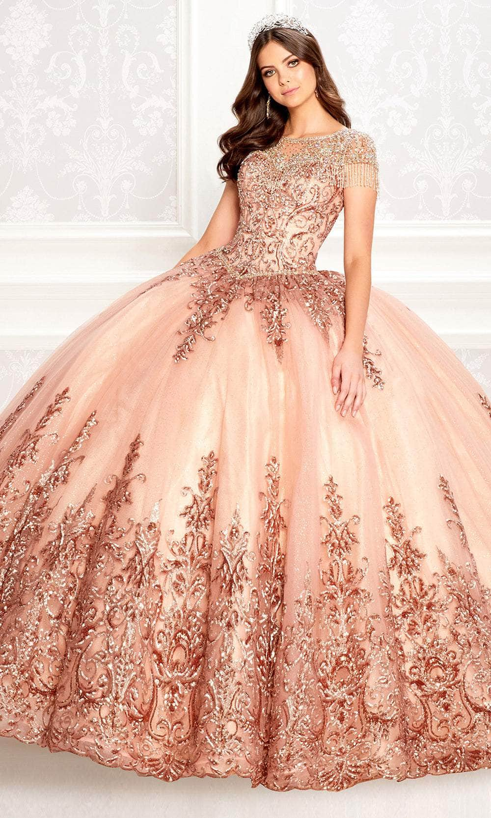 Princesa by Ariana Vara PR22026 - Beaded Jewel Neckline Ballgown Quinceanera Dresses / 00  Bronze/Rose gold