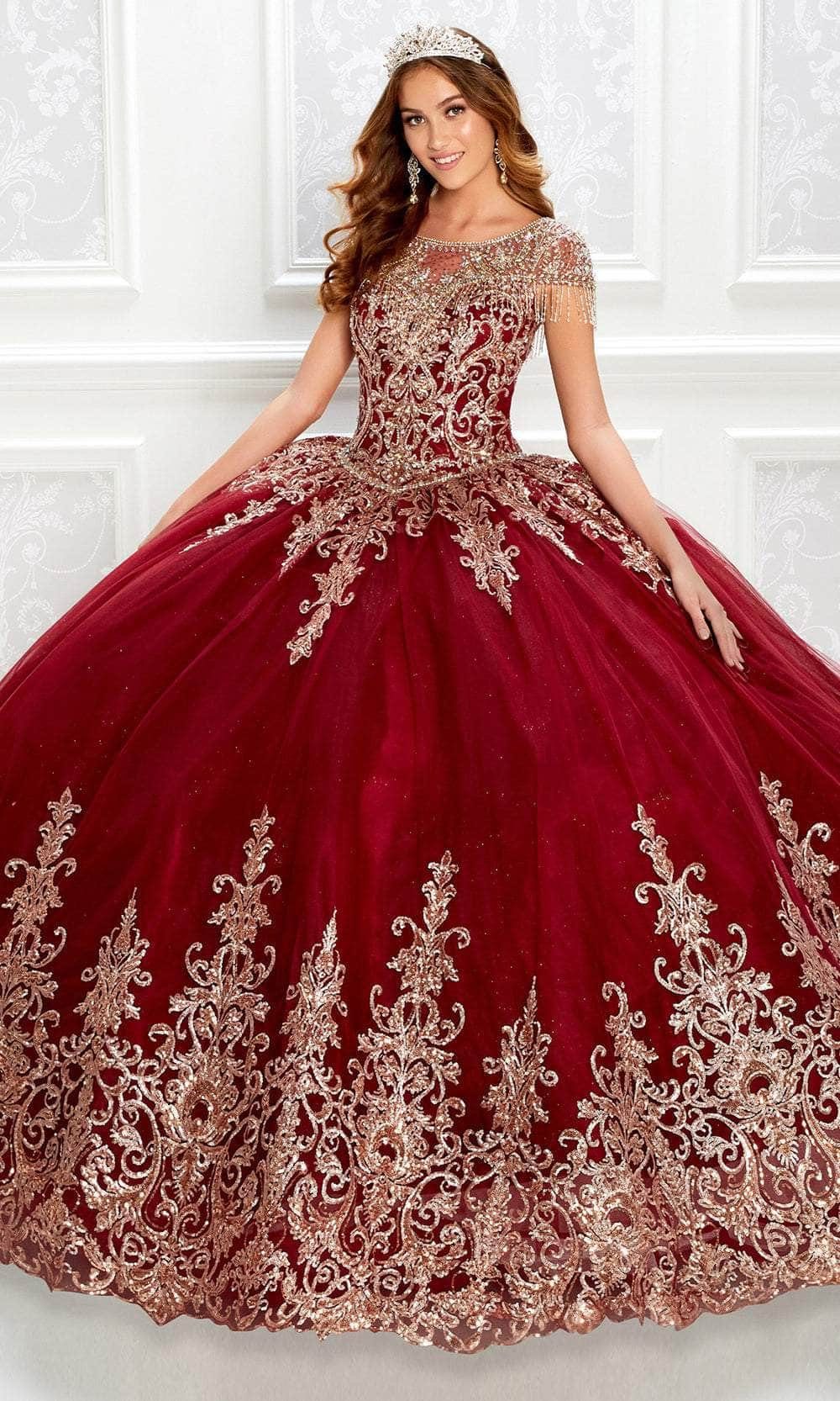 Princesa by Ariana Vara PR22026 - Beaded Jewel Neckline Ballgown Quinceanera Dresses / 00  Wine/Rosegld