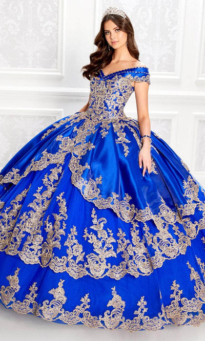 Princesa by Ariana Vara PR22029 - Applique Off-Shoulder Ball Gown Quinceanera Dresses / 00  Royal/Gold