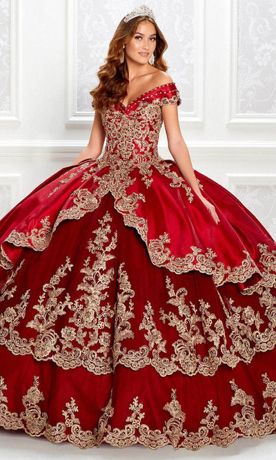 Princesa by Ariana Vara PR22029 - Applique Off-Shoulder Ball Gown Quinceanera Dresses / 00  Ruby/Gold