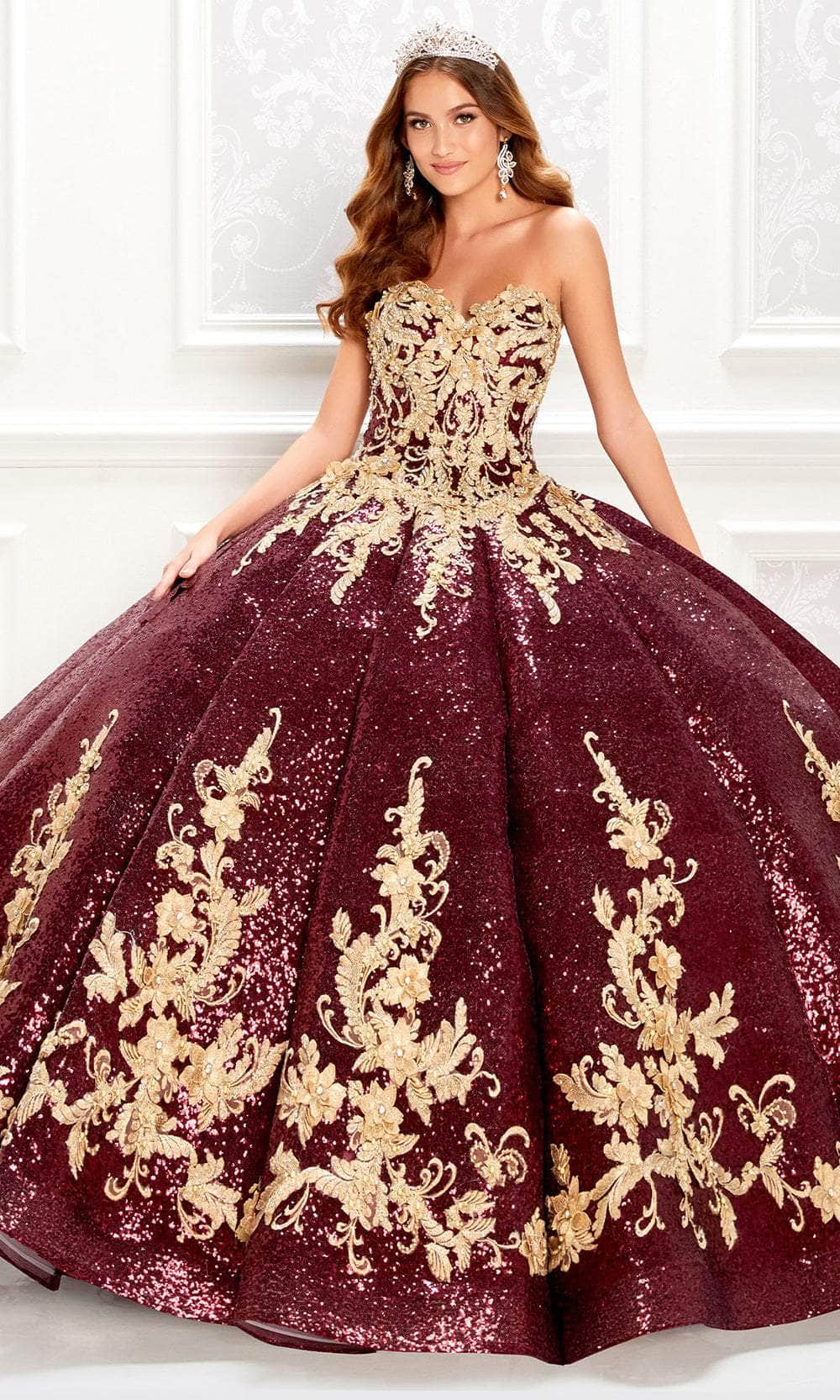 Princesa by Ariana Vara PR22030 - Sequin Strapless Ball Gown Quinceanera Dresses / 00  Wine/Gold