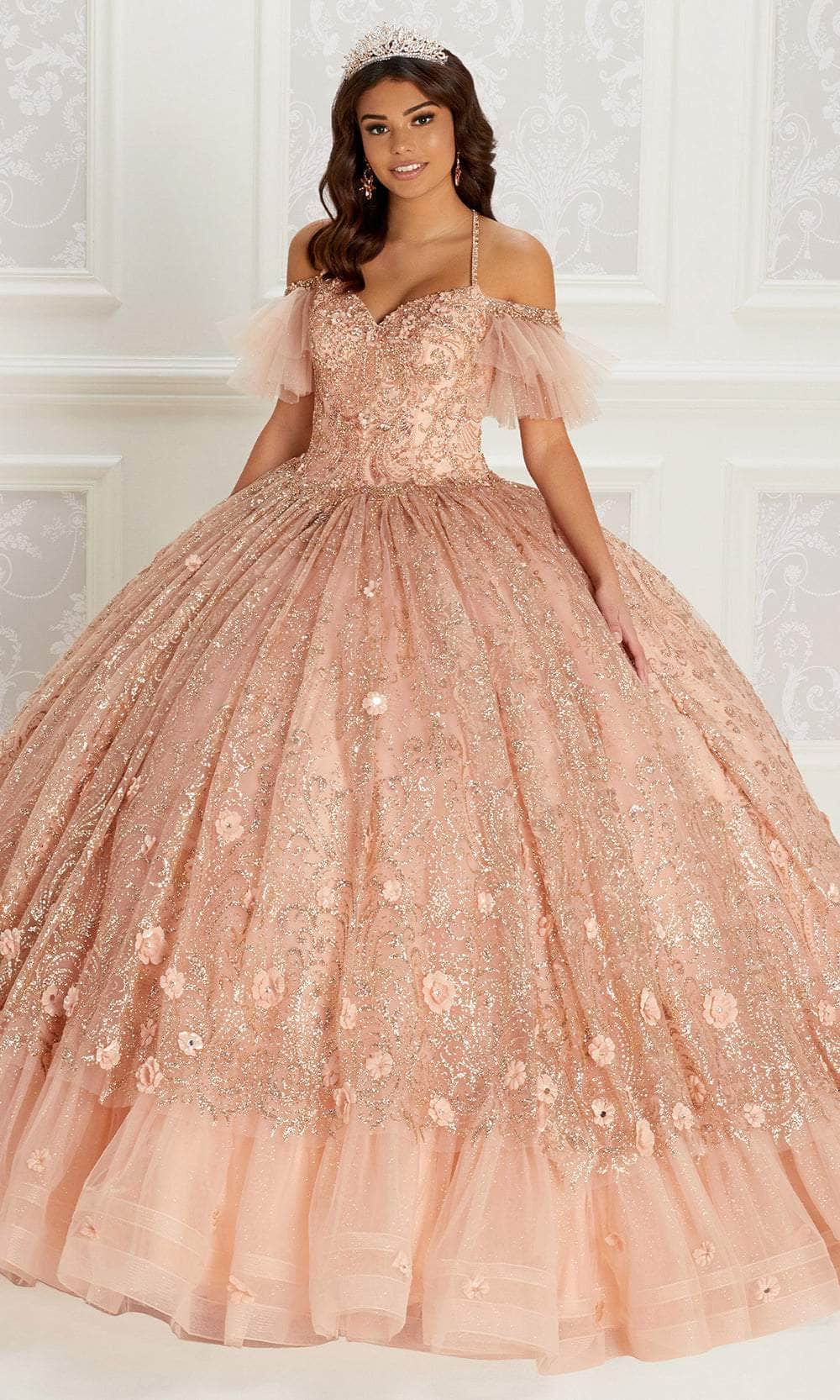 Princesa by Ariana Vara PR22144 - Embroidered Glitter Tulle Quinceañera Ball Gown Quinceanera Dresses / 00  Rose Gold