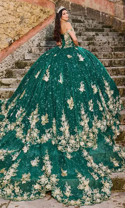 Princesa by Ariana Vara PR30111 - Off-Shoulder Quinceañera Ball Gown Quinceanera Dresses / 00  Emerald/Gold